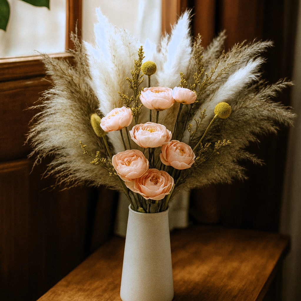 Bouquet of silk flowers with pampas grass in a white vase on a wooden surface with a window in the background
