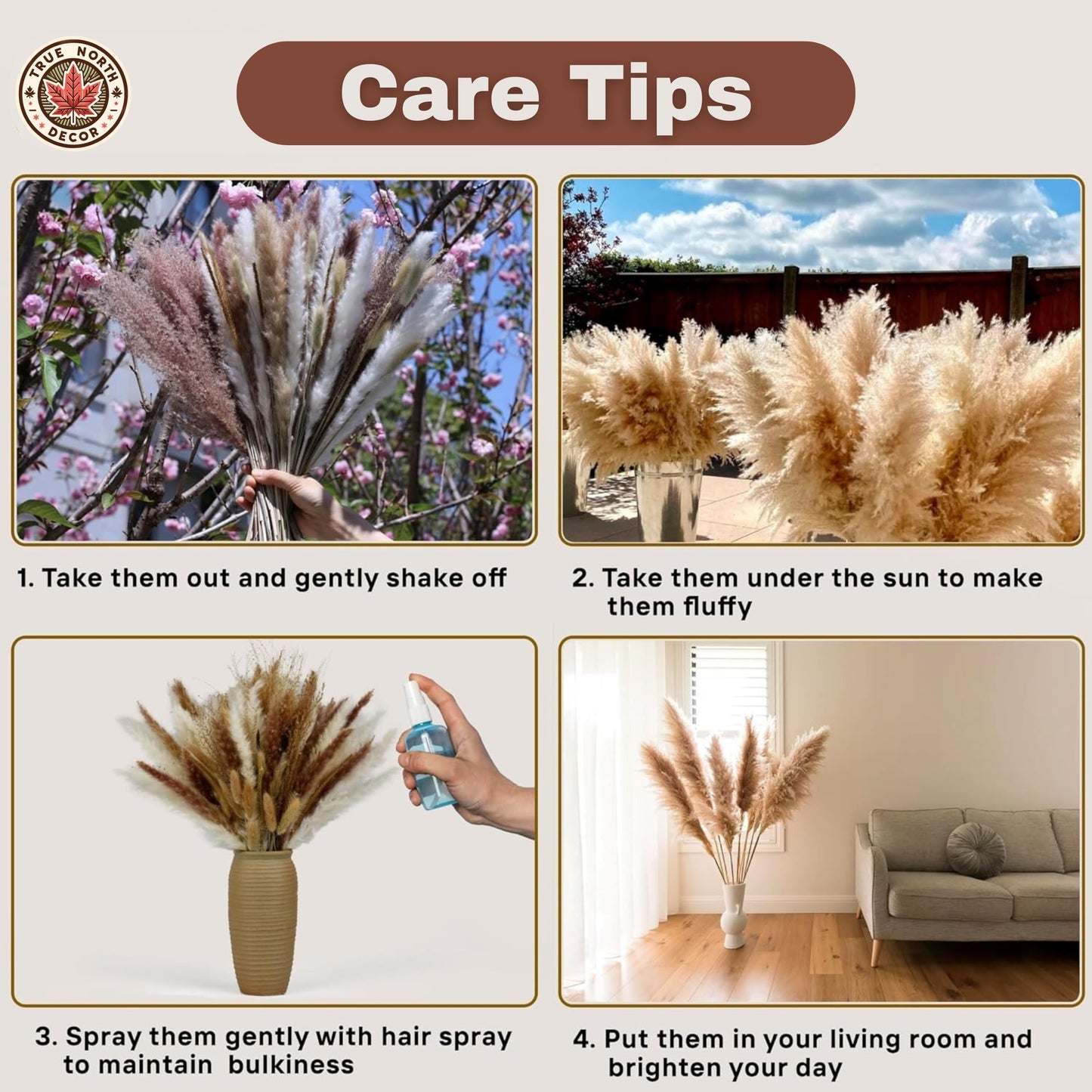 100pcs 17" Dried Pampas Grass Decor (100pcs W/ Silk Flower) 100% Organic Pampas
