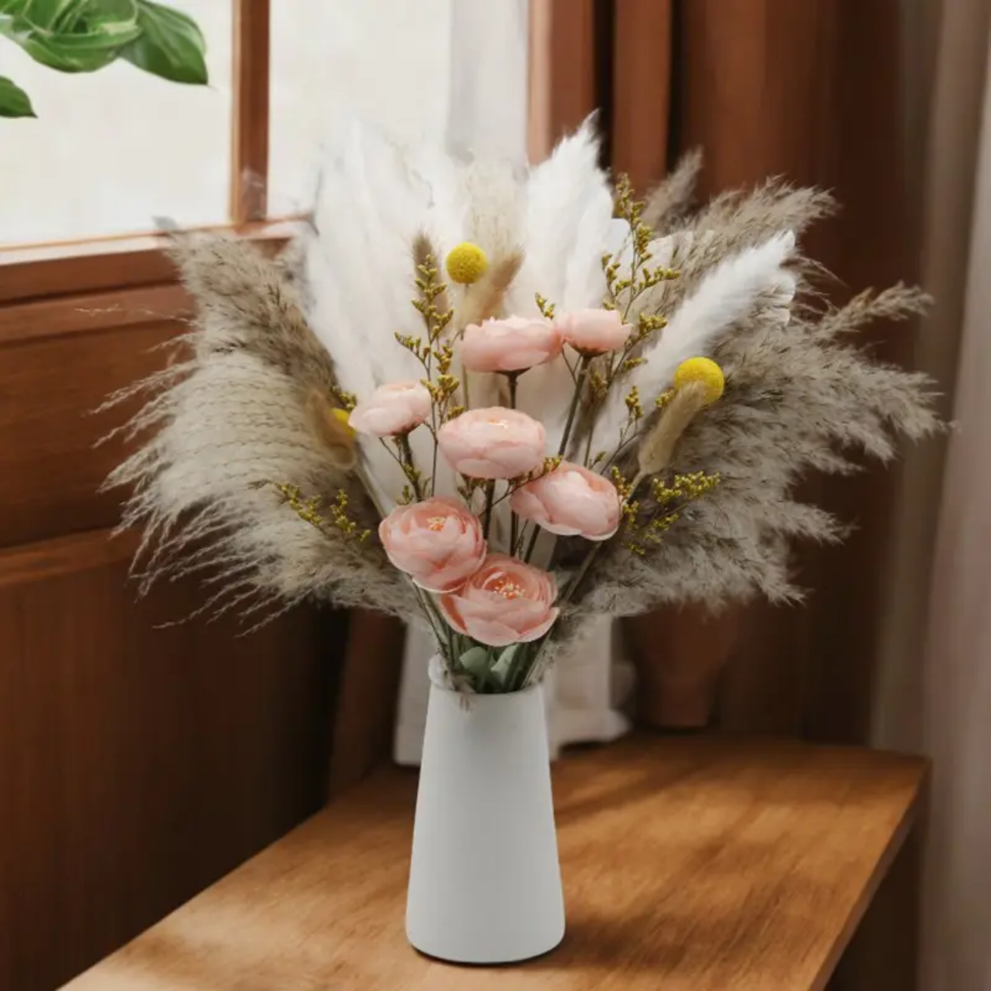 100pcs 17" Dried Pampas Grass Decor (100pcs W/ Silk Flower) 100% Organic Pampas