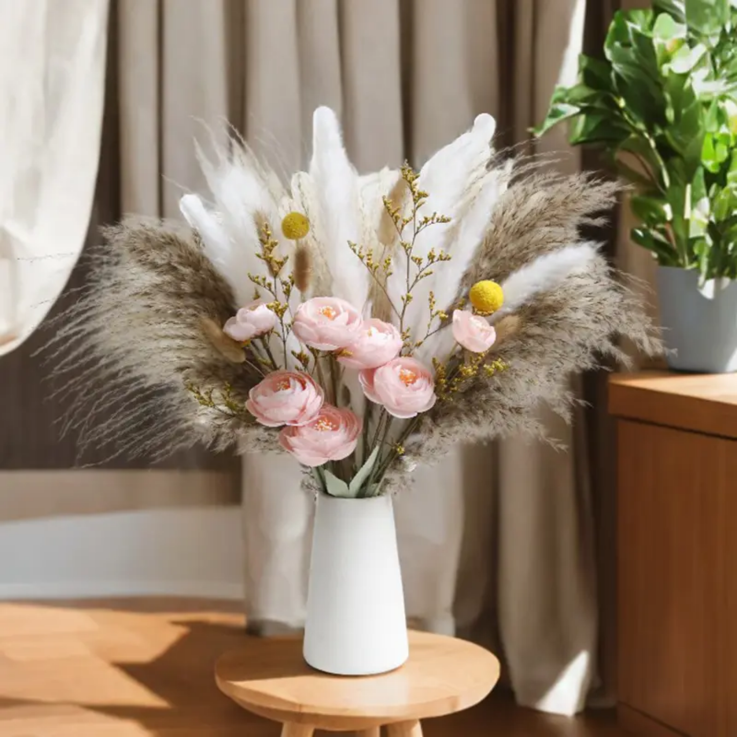 100pcs 17" Dried Pampas Grass Decor (100pcs W/ Silk Flower) 100% Organic Pampas