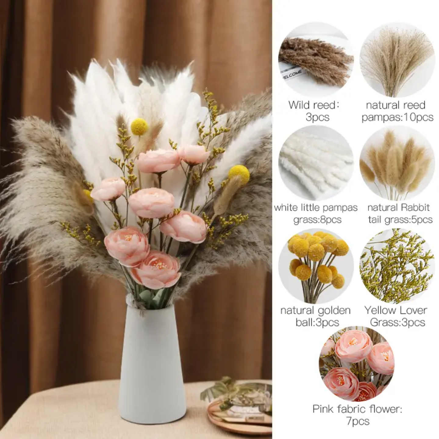 100pcs 17" Dried Pampas Grass Decor (100pcs W/ Silk Flower) 100% Organic Pampas