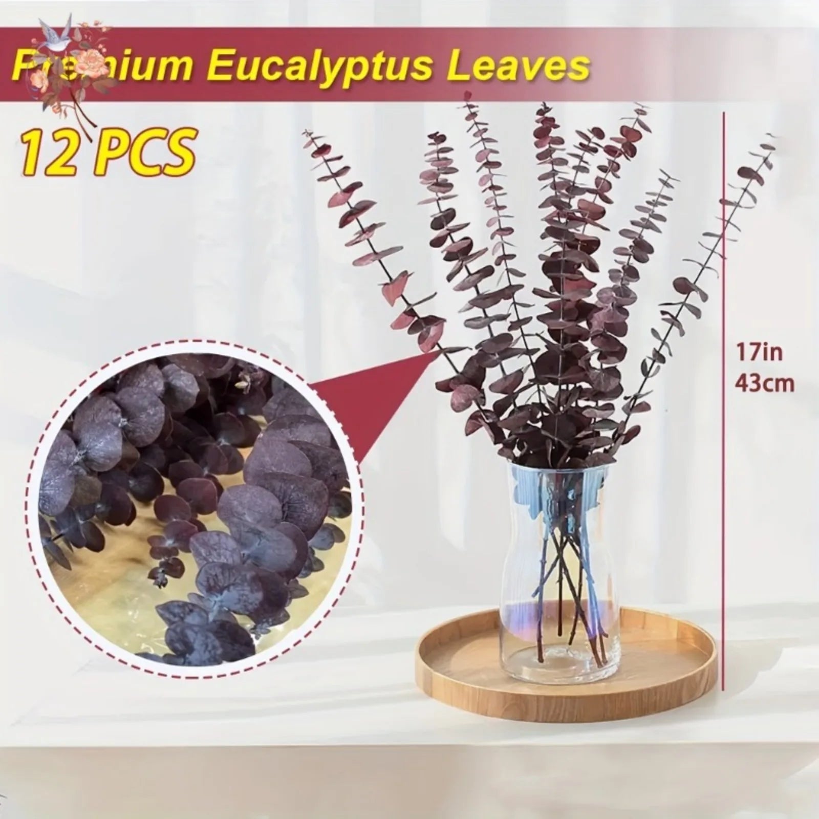 Premium eucalyptus leaves in a vase on a wooden tray with measurement details.
