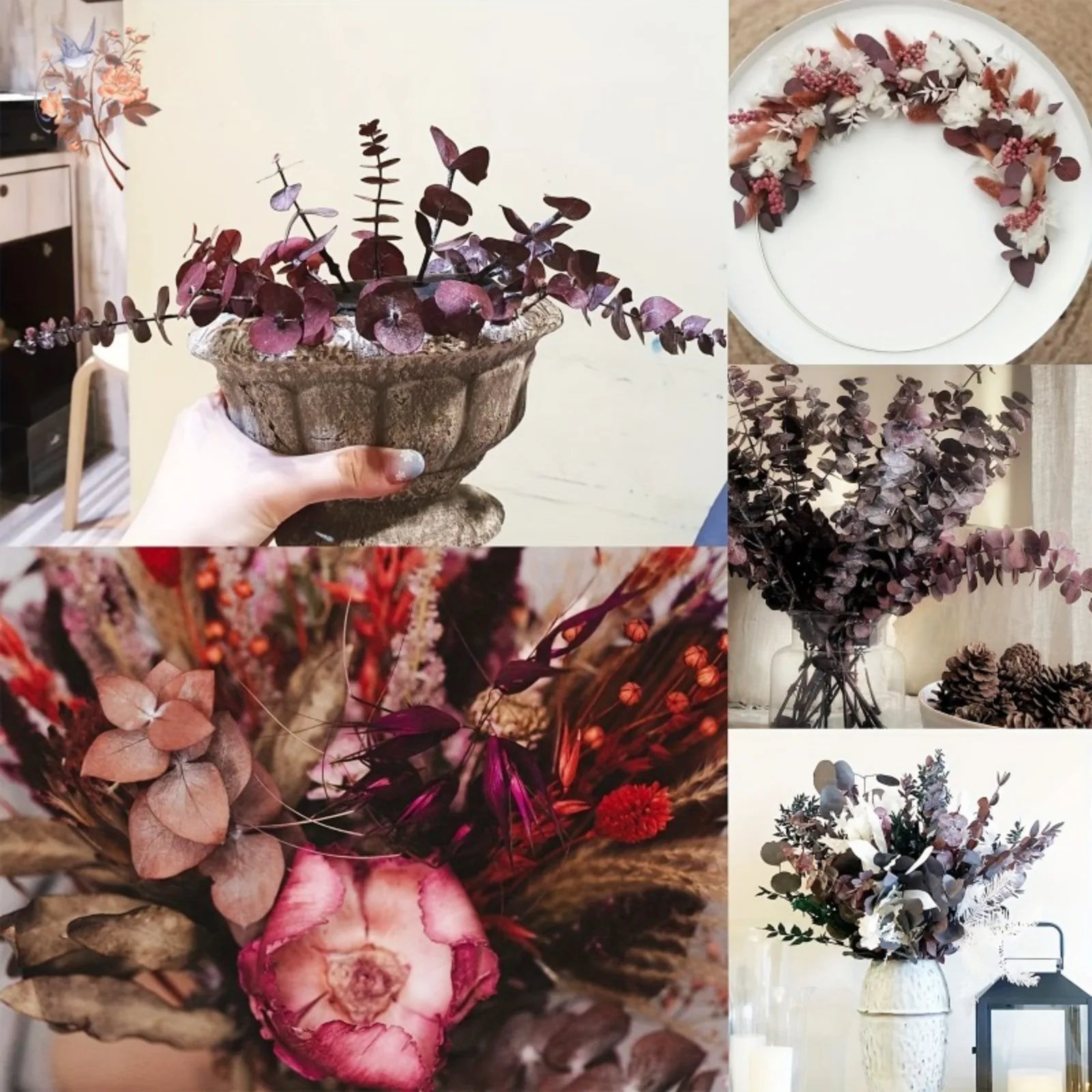 Collage of various dried floral arrangements in different settings.